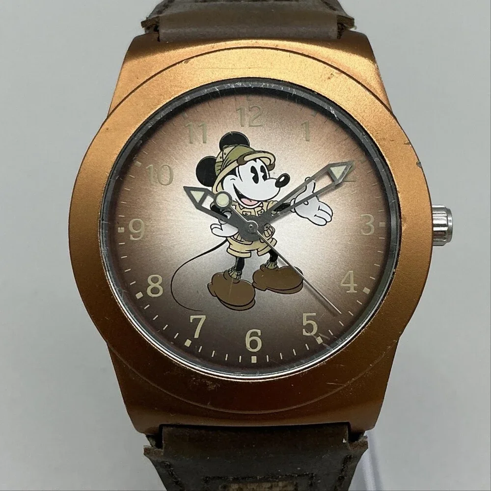 Disney Parks Mickey Mouse Mens Watch 38mm Bronze Dial Canvas Strap New Battery
